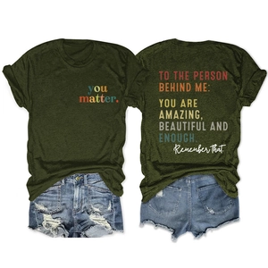 Olive green crew neck T-shirt with 'you matter' slogan print and denim shorts