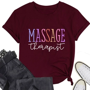 Detail of burgundy massage therapist t-shirt with knotted hem and stylish print