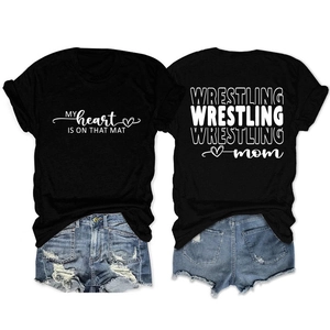 Detail view of Wrestling Mom black t-shirt and distressed denim shorts set outfit