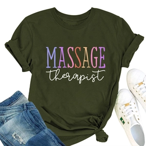 Detail of army green massage therapist t-shirt with rolled sleeves and side knot detail