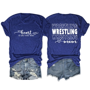 Front and back view of Wrestling Mom navy cotton t-shirt with denim shorts set
