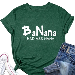 Detail of dark green cotton T-shirt featuring bold white BaNana typography and text