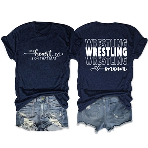 Detail of navy blue Wrestling Mom T-shirt with soft fabric texture and casual print