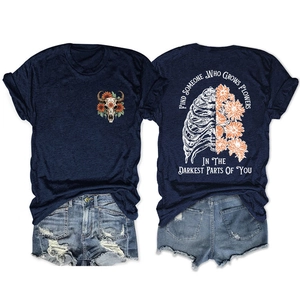 Navy crew neck T-shirt with vintage sunflower ribcage print and washed denim shorts