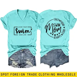 T-Shirt Da Donna Con Scollo A V In Misto Cotone A Maniche Corte Con Stampa Di Lettere Swim Mom Estate Casual Top Alla Moda