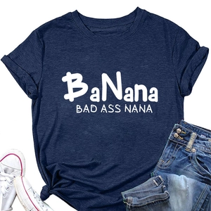 Navy blue t-shirt featuring BaNana BAD ASS NANA text print paired with casual jeans