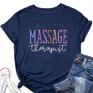 Detail of navy cotton t-shirt with MASSAGE therapist print and casual styling