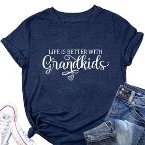 Detail view of navy blue cotton T-shirt with Life Is Better With Grandkids print