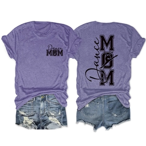 Vue détaillée avant et arrière du t-shirt violet Dance MOM avec silhouette de danseuse