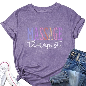 Detail of purple massage therapist t-shirt with crew neck and casual side knot styling