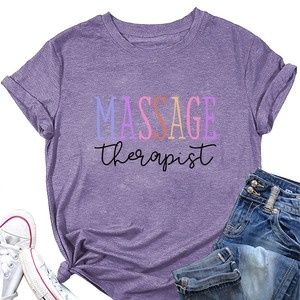Purple massage therapist t-shirt featuring a side knot detail and flat lay styling