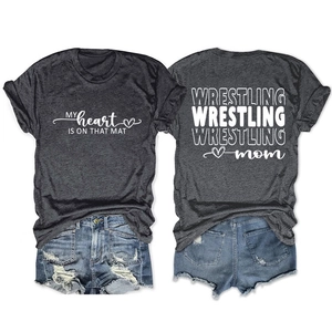 Front and back view of Wrestling Mom t-shirt with heart graphics and casual denim shorts