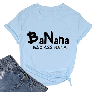 Detail of light blue t-shirt with BaNana print and side knot on white background