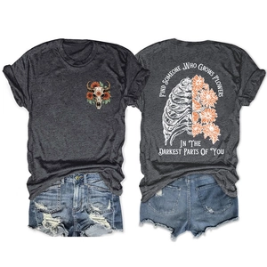 Detailed back and front views of charcoal grey T-shirt with rib and daisy artwork