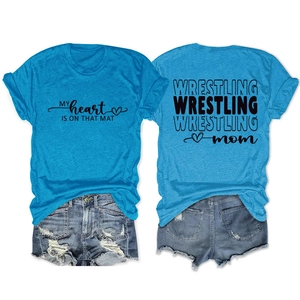 Blue Wrestling Mom t-shirt and denim shorts set with graphic print on white backdrop