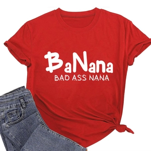 Detail view of red cotton T-shirt featuring creative BaNana white graphic print design