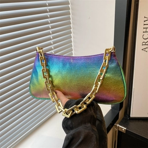 Minimalist PU Leather Underarm Baguette Bag With Thick Gold Metal Chain Strap For Women Trendy Y2K Holographic Metallic Shoulder Bag