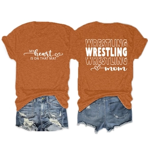 Detailed front and back view of Wrestling Mom t-shirt with heart and mat graphics