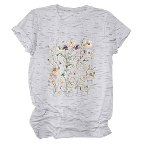 Detail of grey marl t-shirt featuring colorful wildflower and butterfly print on soft cotton