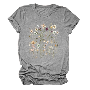 Detail view of grey short sleeve T-shirt with floral print and butterfly pattern