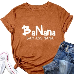 Close-up of caramel round neck T-shirt with white BaNana Bad Ass Nana typography print