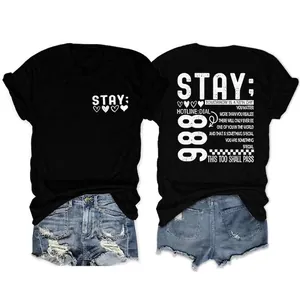 Dames T-Shirt Katoenmix Korte Mouwen Ronde Hals Losse Stay Semicolon Letterprint Mental Health Awareness Streetwear Tops