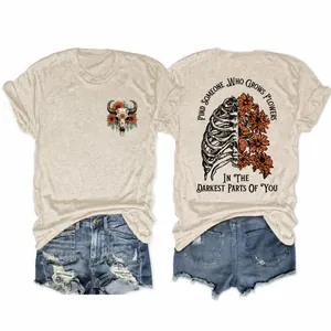 Women Short Sleeve T-Shirt Crew Neck Cotton Blend Skull Flower Print Casual Loose Aesthetic Summer Tee