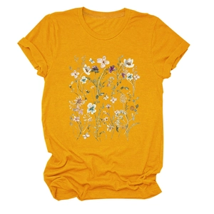 Close-up of mustard yellow t-shirt with detailed floral wildflower print and round neck