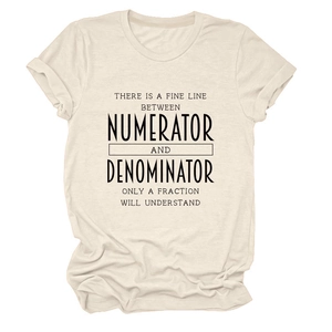 Detail of minimalist beige crew neck T-shirt featuring black math quote text print