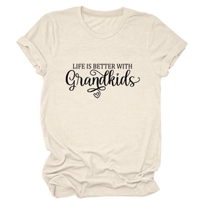 Detail of cream short sleeve t-shirt featuring Life Is Better With Grandkids print