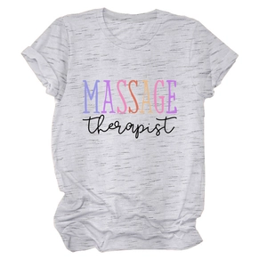 Detailed shot of the colorful Massage Therapist print on a heather grey t-shirt