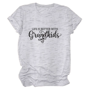 Detail of Life is Better with Grandkids print on a heather grey short sleeve T-shirt