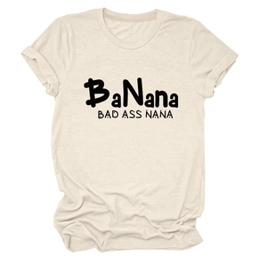 Detailed view of cream-colored crew neck t-shirt featuring BaNana Bad Ass Nana print