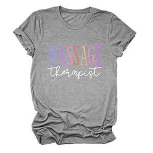 Detail of soft cotton gray t-shirt with colorful MASSAGE therapist graphic print