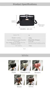 Detailed size specifications and color options for this PU leather crossbody handbag