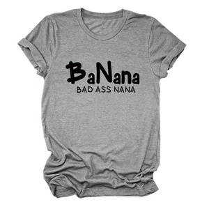 Detail of gray cotton t-shirt with BaNana BAD ASS NANA black graphic print and folded cuffs