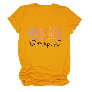 Detail of the mustard yellow cotton t-shirt with colorful Massage Therapist print design