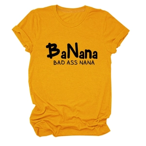 Detail of yellow round neck T-shirt with black BaNana Bad Ass Nana slogan print