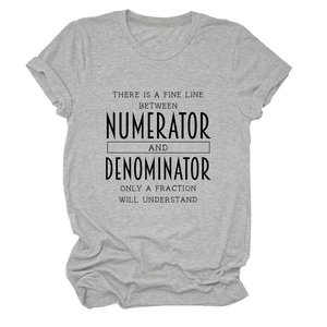 Detail of grey crewneck T-shirt showing black math pun lettering on breathable cotton
