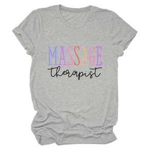 Detail shot of the fabric texture and colorful Massage Therapist print on the grey t-shirt