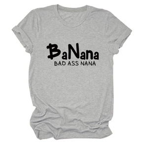 Detail of grey crewneck t-shirt with BaNana Bad Ass Nana print and rolled sleeves