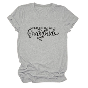 Close-up of Life is Better with Grandkids slogan printed on a grey cotton blend T-shirt