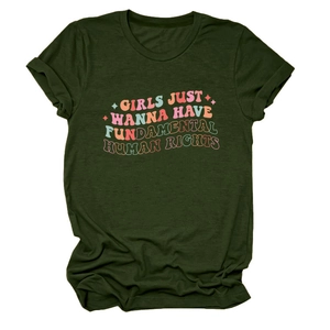 T-shirt vert armée à col rond avec impression de slogan rétro coloré pour femme