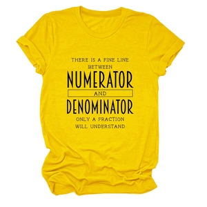 Detail of soft cotton yellow t-shirt with minimalist black math humor typography