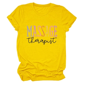 Close-up of bright yellow Massage Therapist t-shirt with colorful printed lettering
