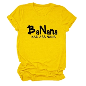 Detail of yellow cotton t-shirt featuring black printed BaNana Bad Ass Nana slogan
