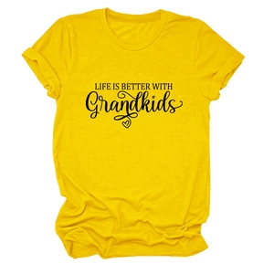 Close-up of Life is Better with Grandkids print on yellow cotton t-shirt fabric
