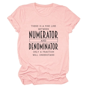 Close-up of the math pun text on a soft pink crew neck cotton t-shirt fabric