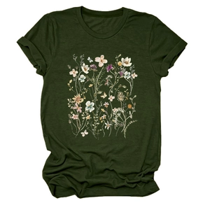 Detail of vintage wildflower and butterfly print on dark green crew neck cotton t-shirt