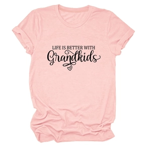 Detail of pink cotton T-shirt featuring Life is Better With Grandkids print text